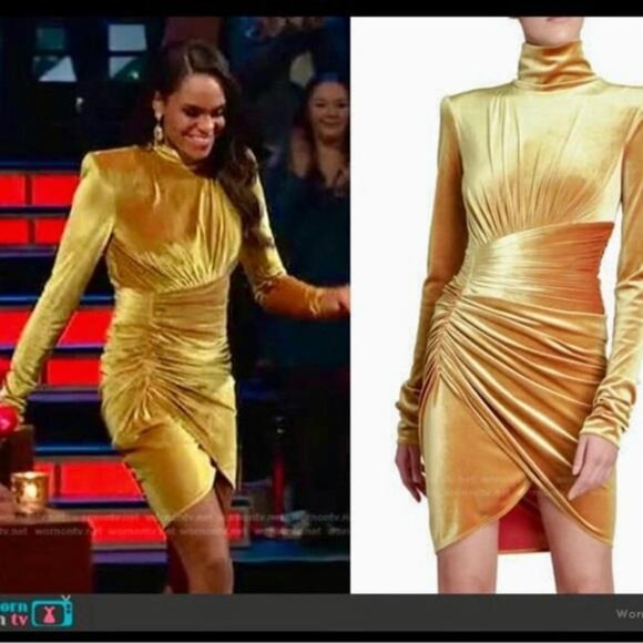 Alexandre Vauthier Gold Velvet Ruched Turtleneck Dress with Tulip Hem - Picture 1 of 12